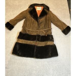Vintage 50s Marshall Field & Co Brown Leather Coat W/ Dark Fur Collar size 8